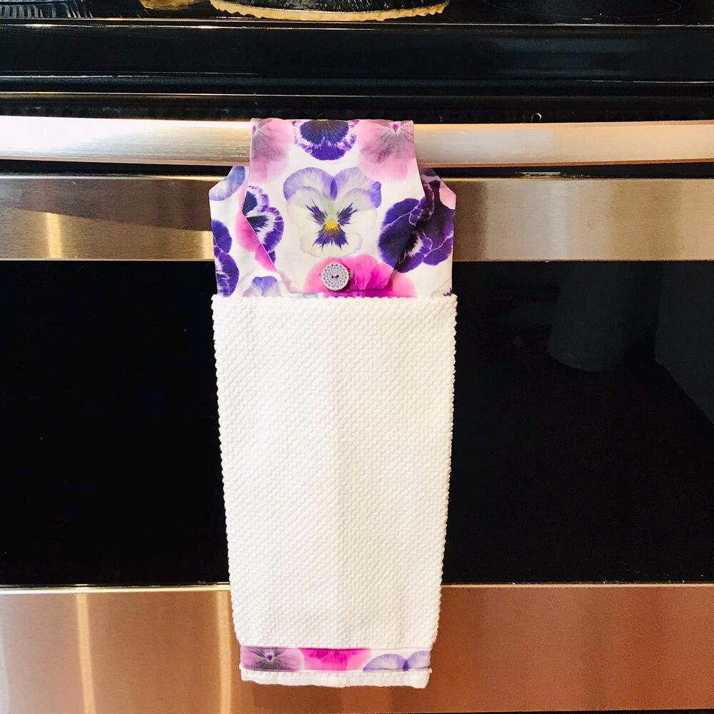 Hanging Kitchen Towel: Bright Purple Pansies Topper, Button Closure